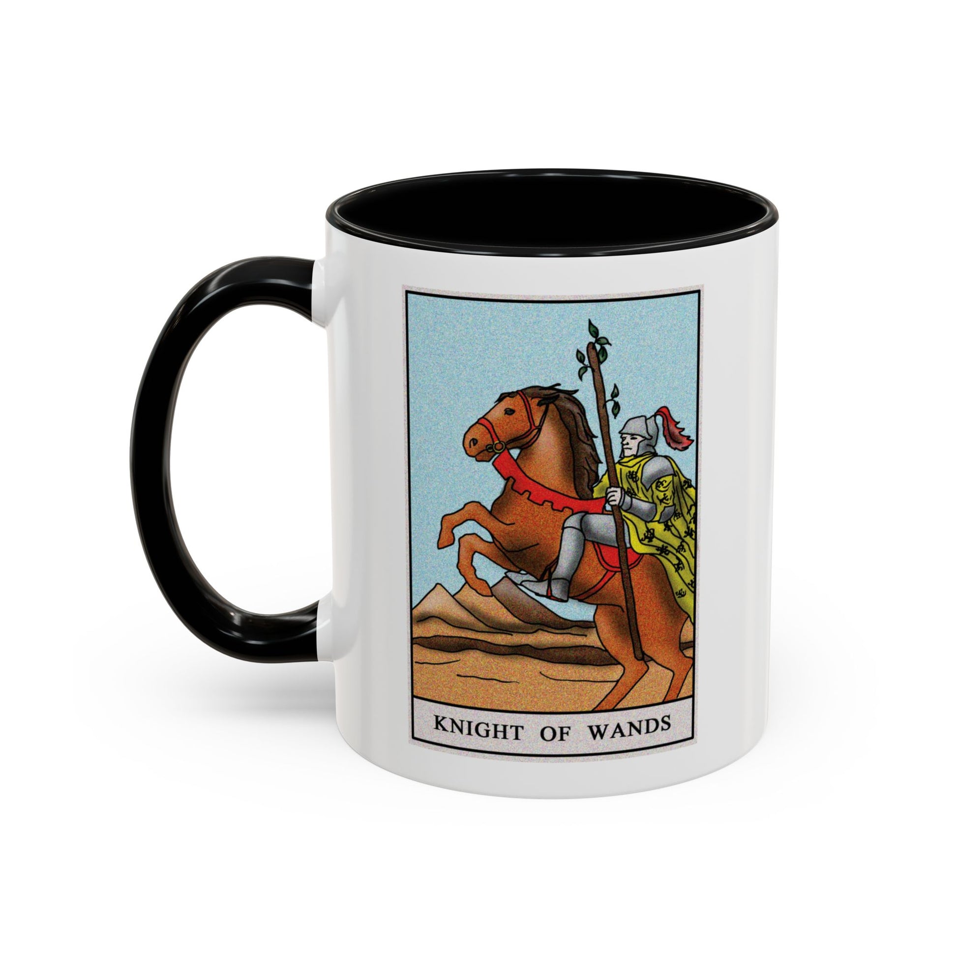 Knight of Wands Tarot Card Coffee Mug - Double Sided Print, Black Accent White Ceramic, 11oz by TheGlassyLass.com