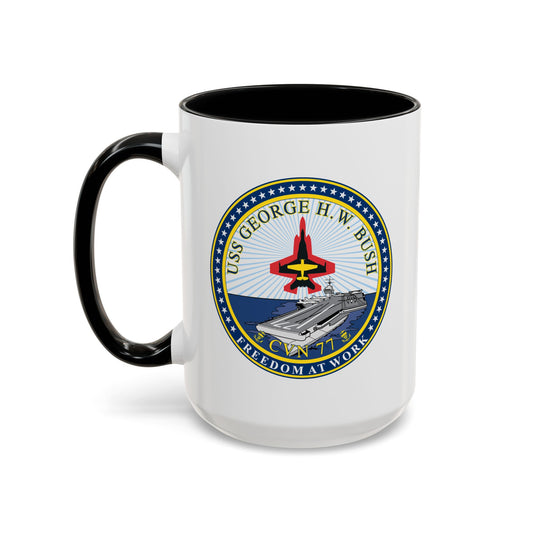 USS George H.W. Bush CVN 77 Seal Coffee Mug - Double Sided Print, Black Accent White Ceramic, 15oz by TheGlassyLass.com