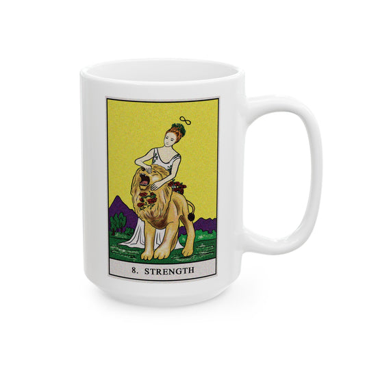 Strength Tarot Card Coffee Mug - Double Sided White Ceramic 15oz by TheGlassyLass.com