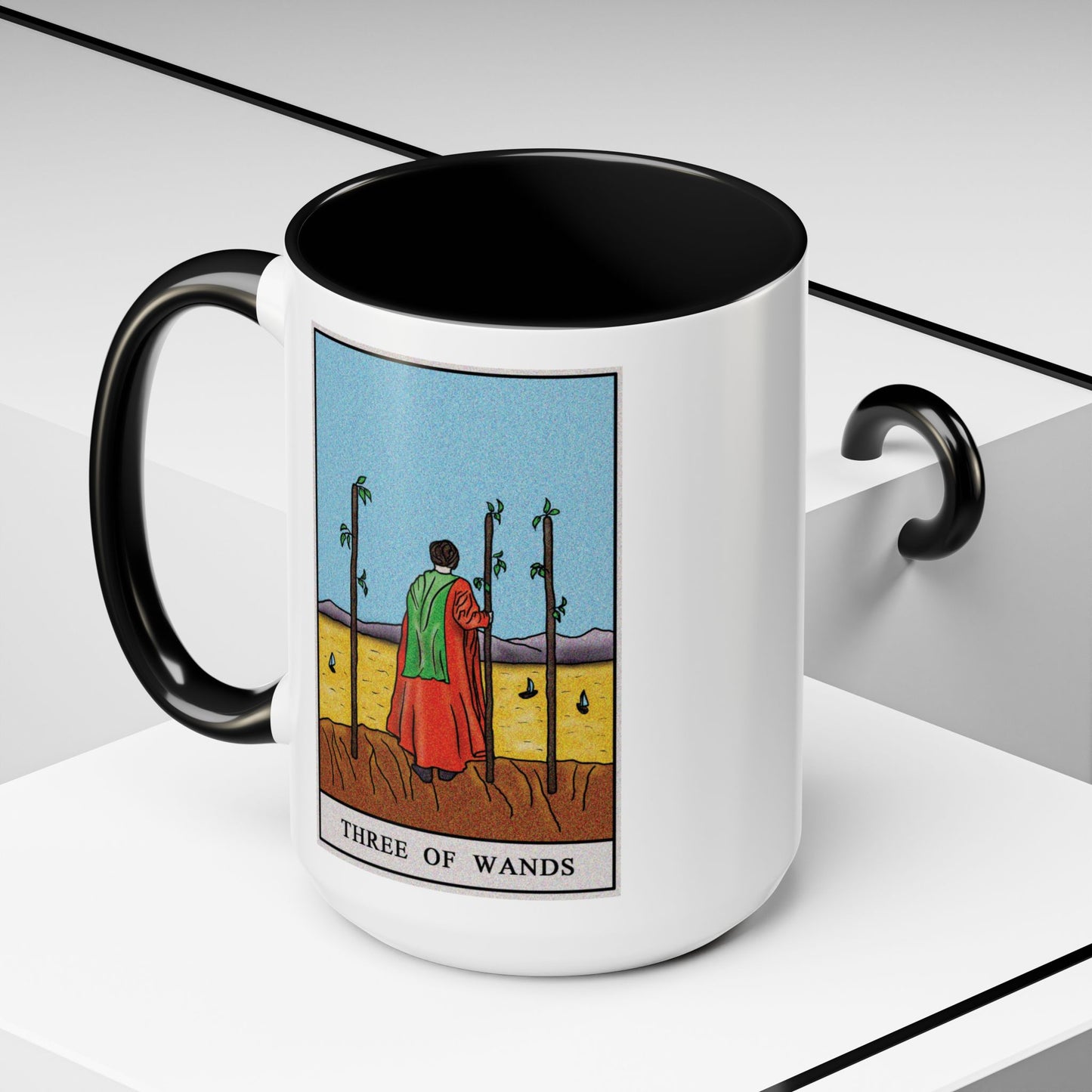 Three of Wands Tarot Card Coffee Mug - Double Sided Black Accent White Ceramic 15oz by TheGlassyLass.com