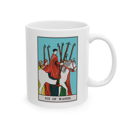 Six of Wands of Wands Tarot Card Coffee Mug - Double Sided Print, White Ceramic, 11oz by TheGlassyLass.com