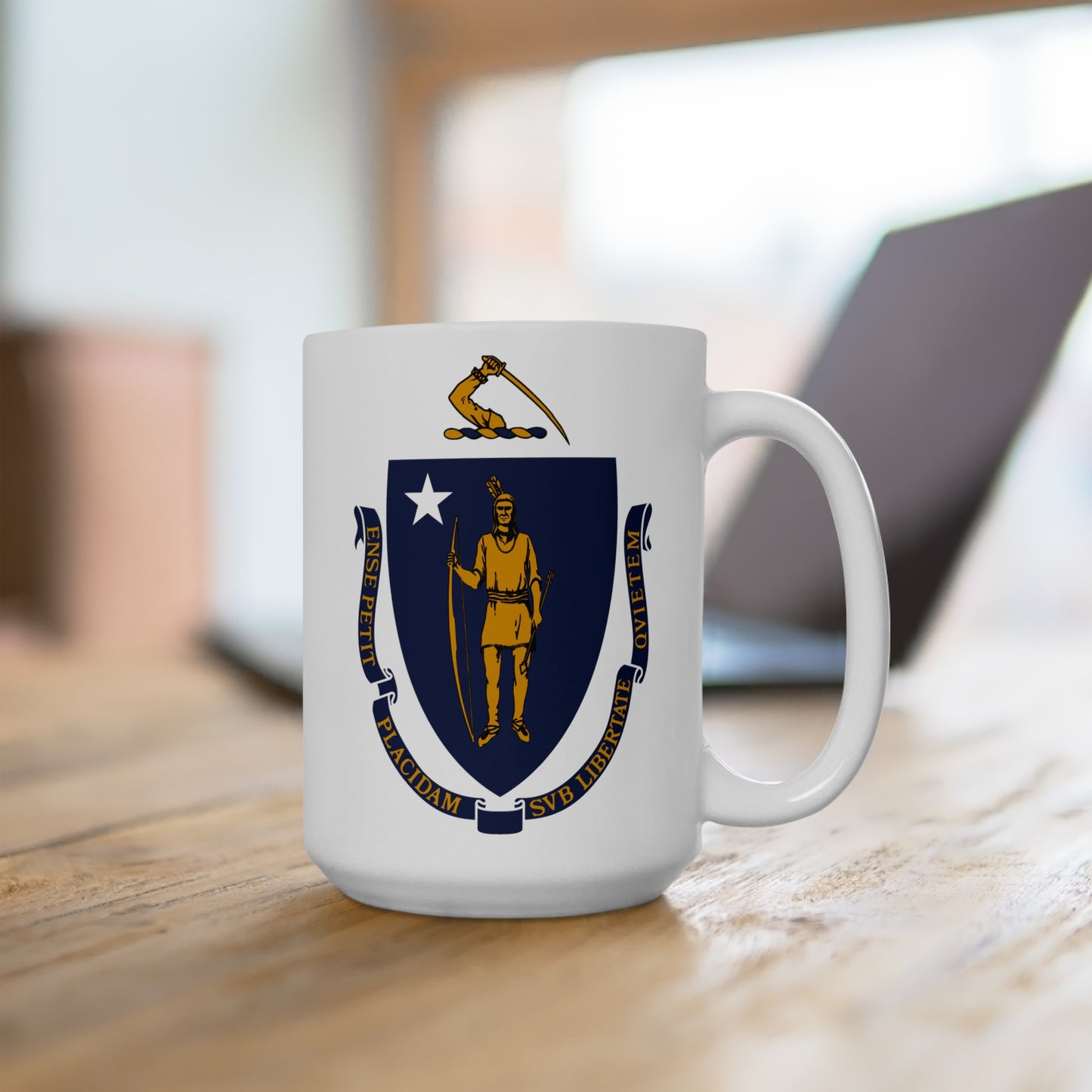 Commonwealth of Massachusetts State Flag - Double Sided White Ceramic Coffee Mug 15oz by TheGlassyLass.com