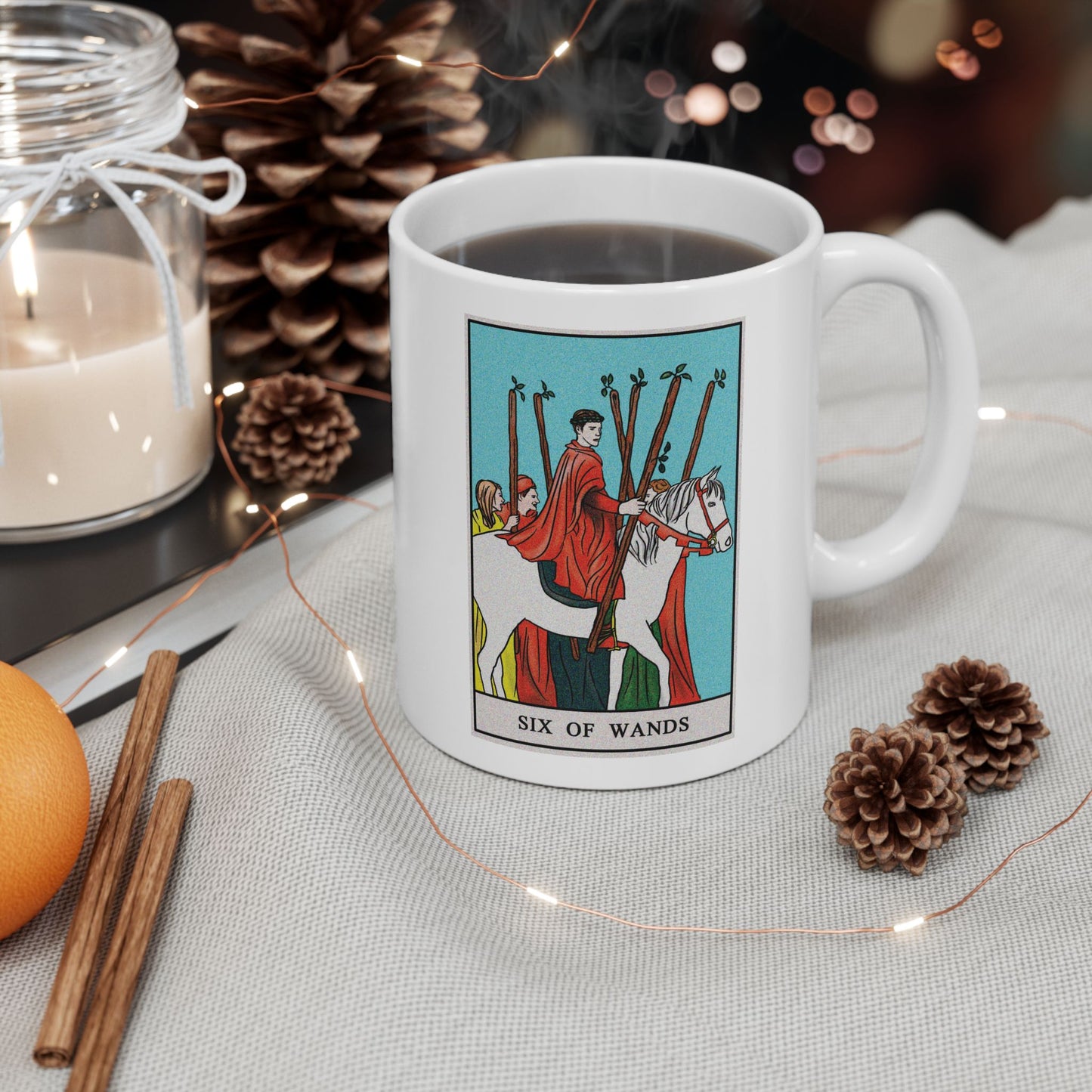 Six of Wands of Wands Tarot Card Coffee Mug - Double Sided Print, White Ceramic, 11oz by TheGlassyLass.com
