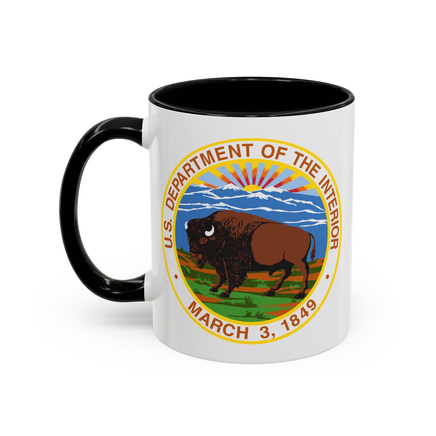 US Department of the Interior Seal Coffee Mug - Double Sided Print, Black Accent White Ceramic, 11oz by TheGlassyLass.com