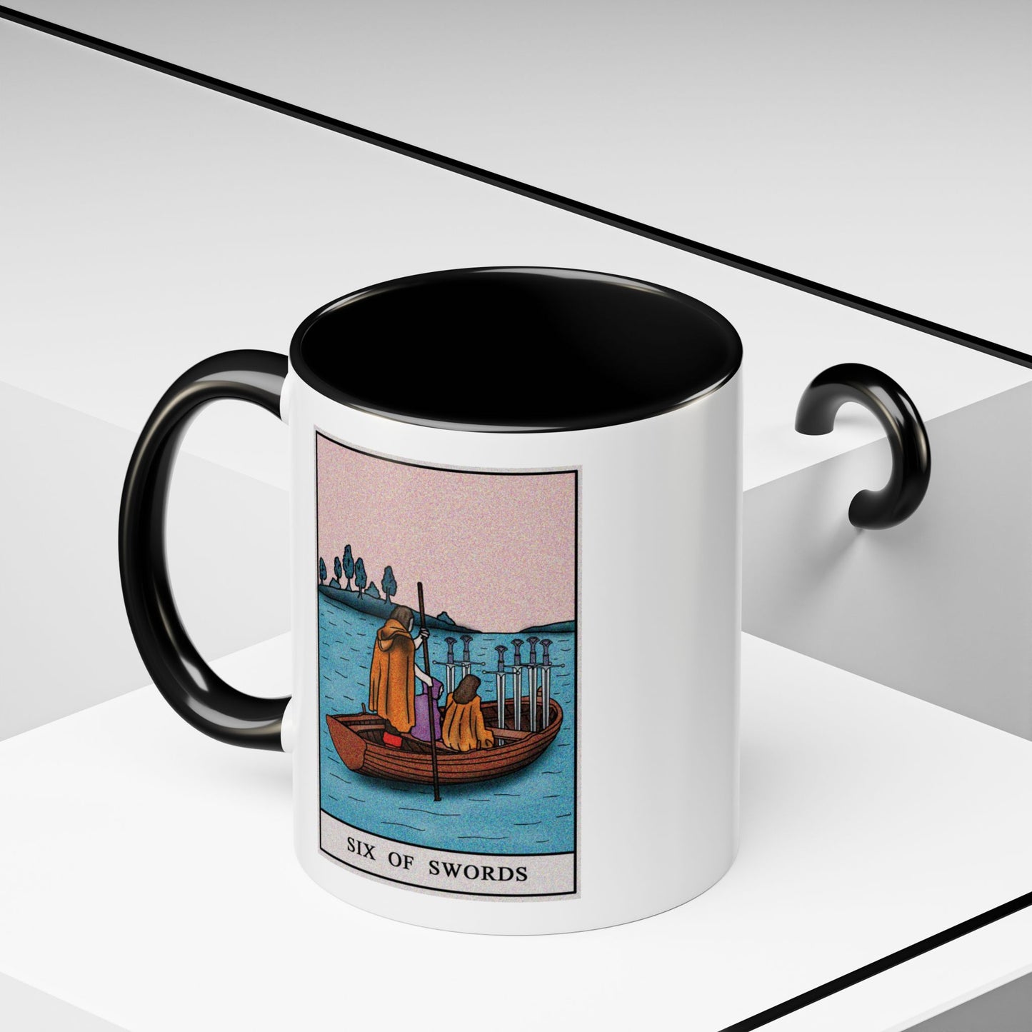 Seven of Swords Tarot Card Coffee Mug - Double Sided Print, Black Accent White Ceramic, 11oz by TheGlassyLass.com