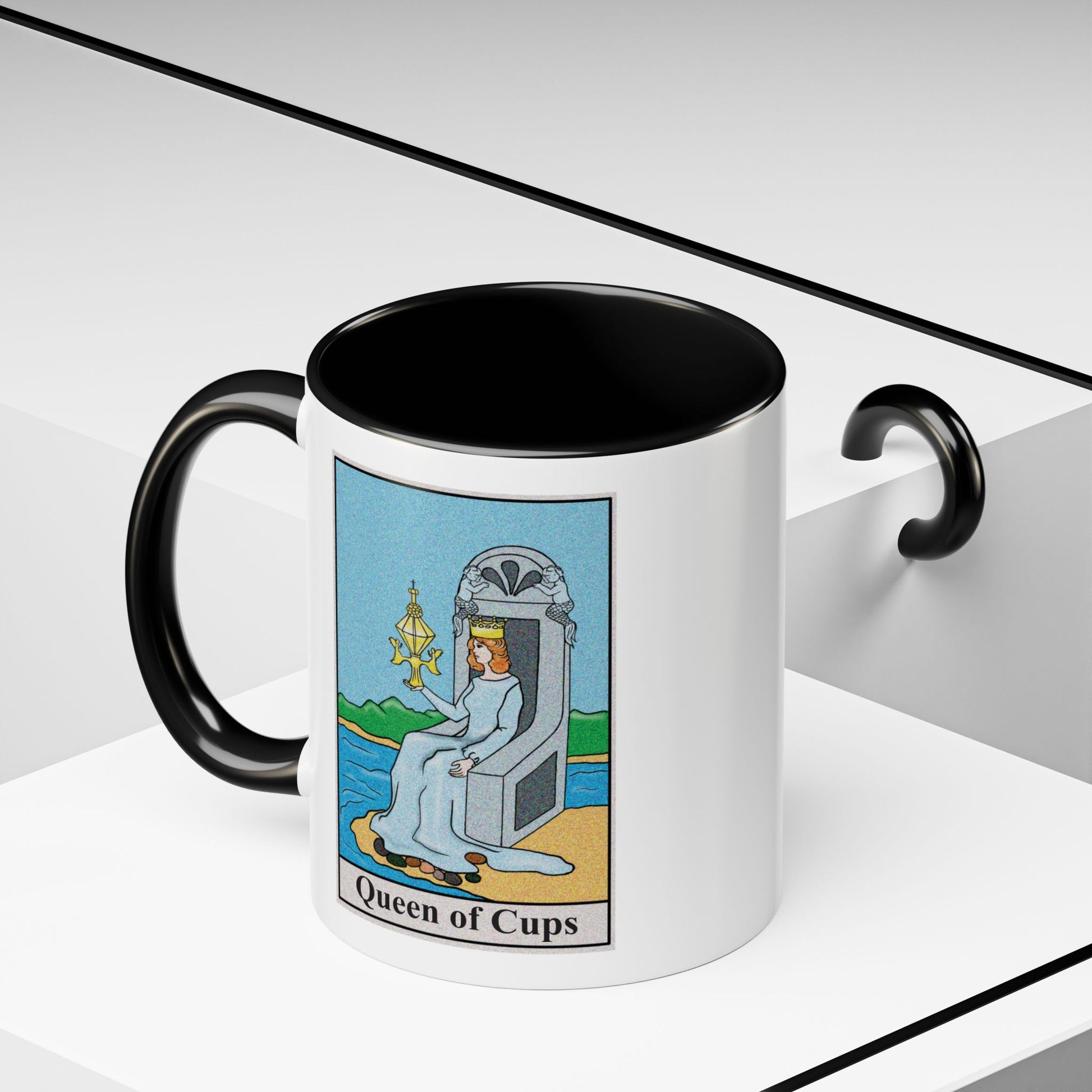 Queen of Cups Tarot Card Coffee Mug - Double Sided Print, Black Accent White Ceramic, 11oz by TheGlassyLass.com