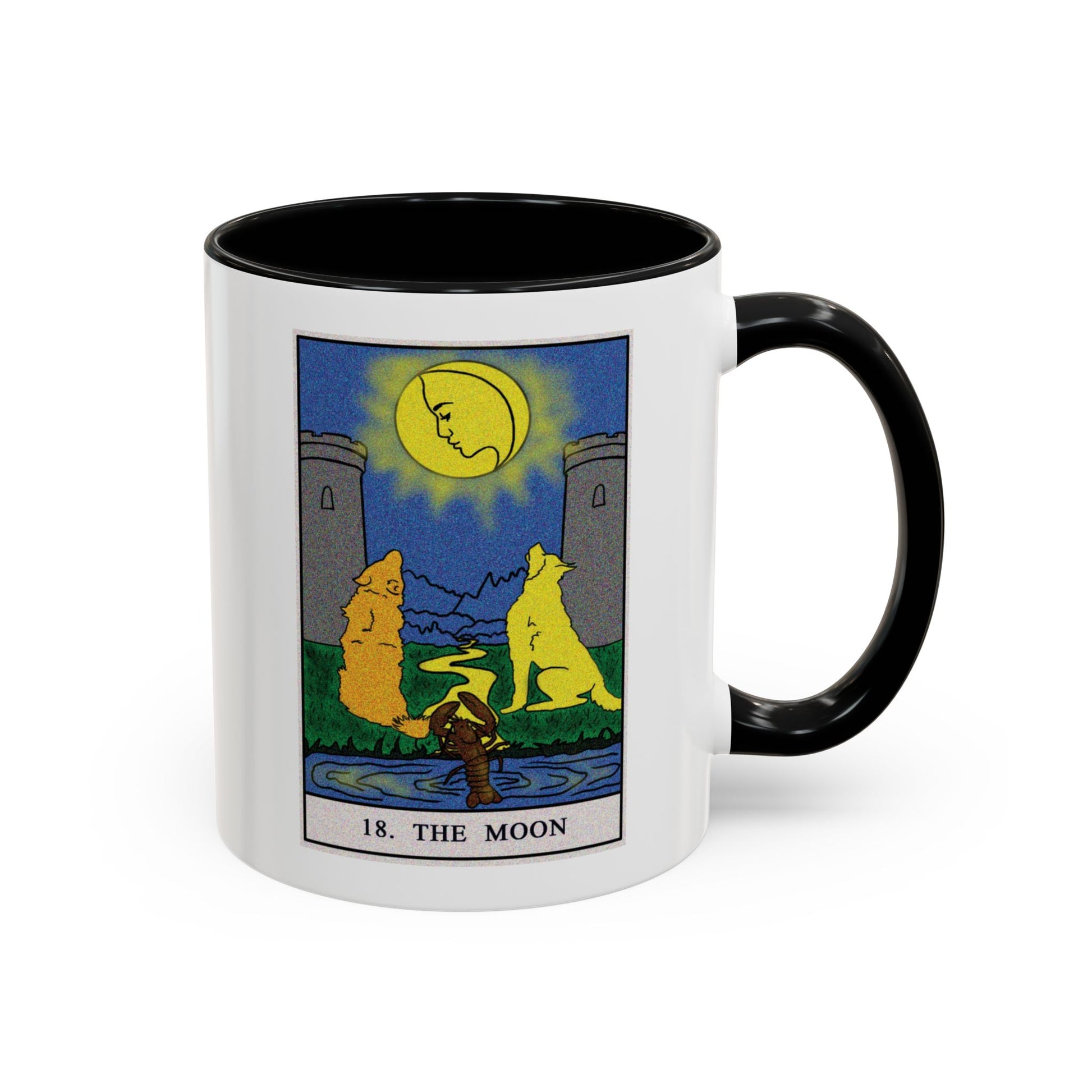 The Moon Tarot Card Coffee Mug - Double Sided Print, Black Accent White Ceramic, 11oz by TheGlassyLass.com