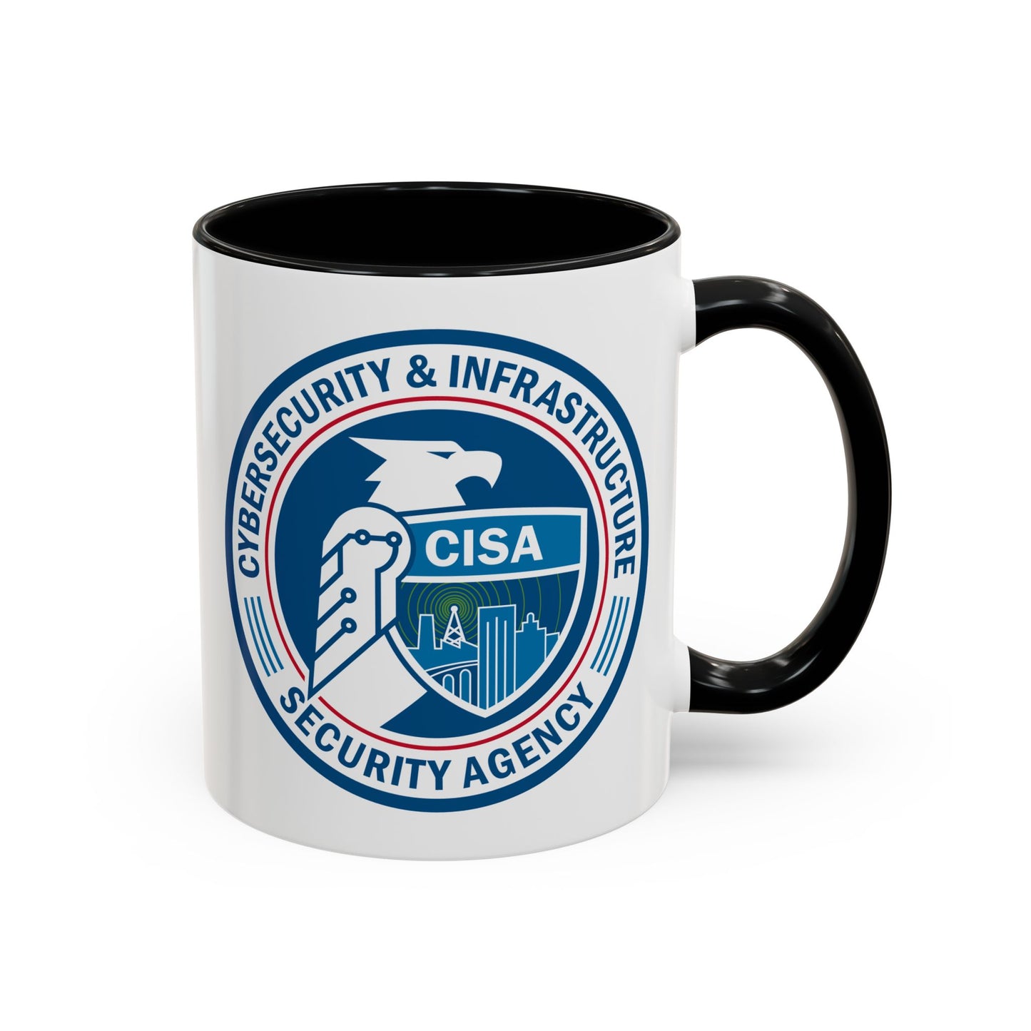Cybersecurity and Infrastructure Security Agency Seal Coffee Mug - Double Sided Print, Black Accent White Ceramic, 11oz by TheGlassyLass.com