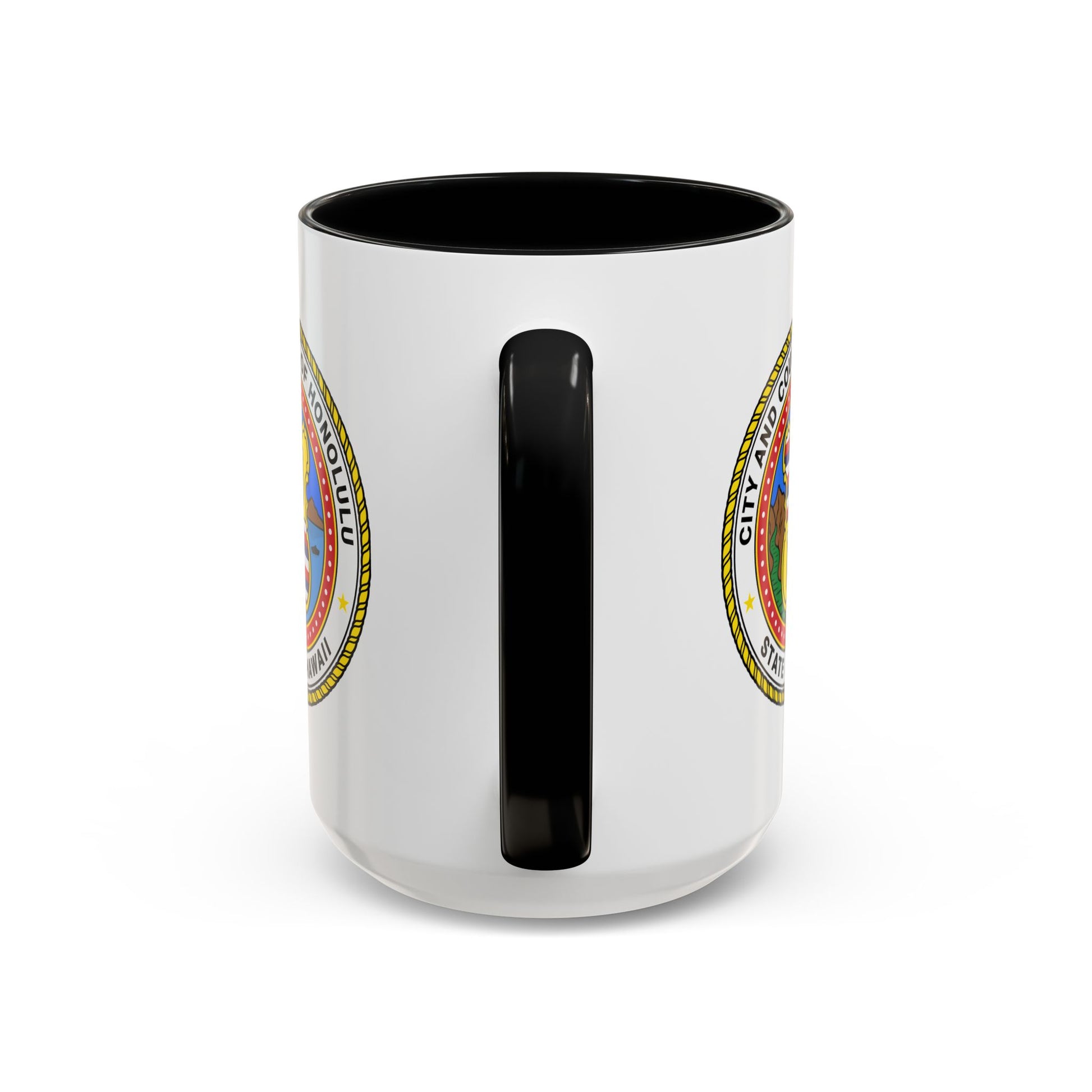 Honolulu City / County Seal Coffee Mug - Double Sided Print, Black Accent White Ceramic, 15oz by TheGlassyLass.com