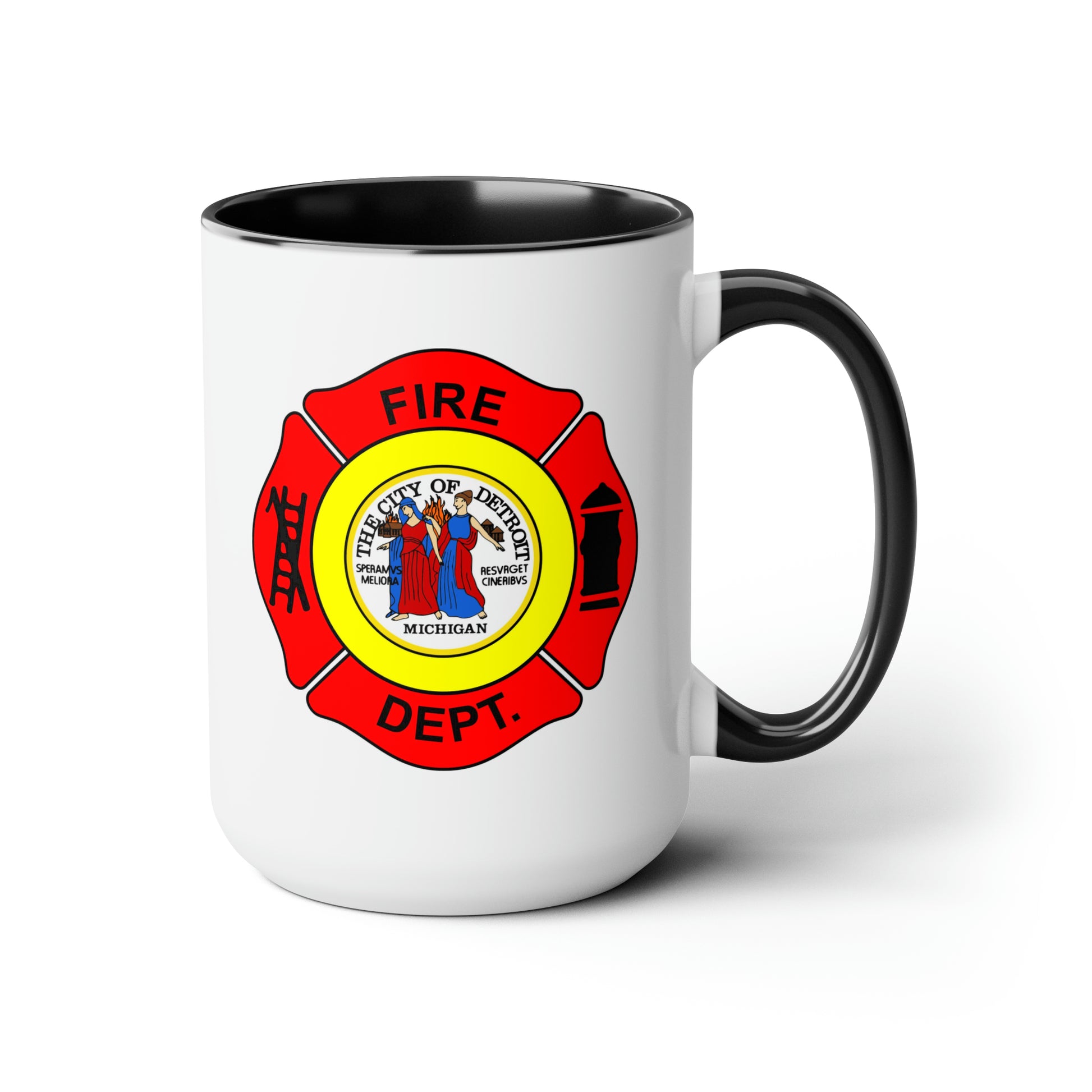 Detroit Fire Department Coffee Mug - Double Sided Black Accent White Ceramic 15oz by TheGlassyLass.com