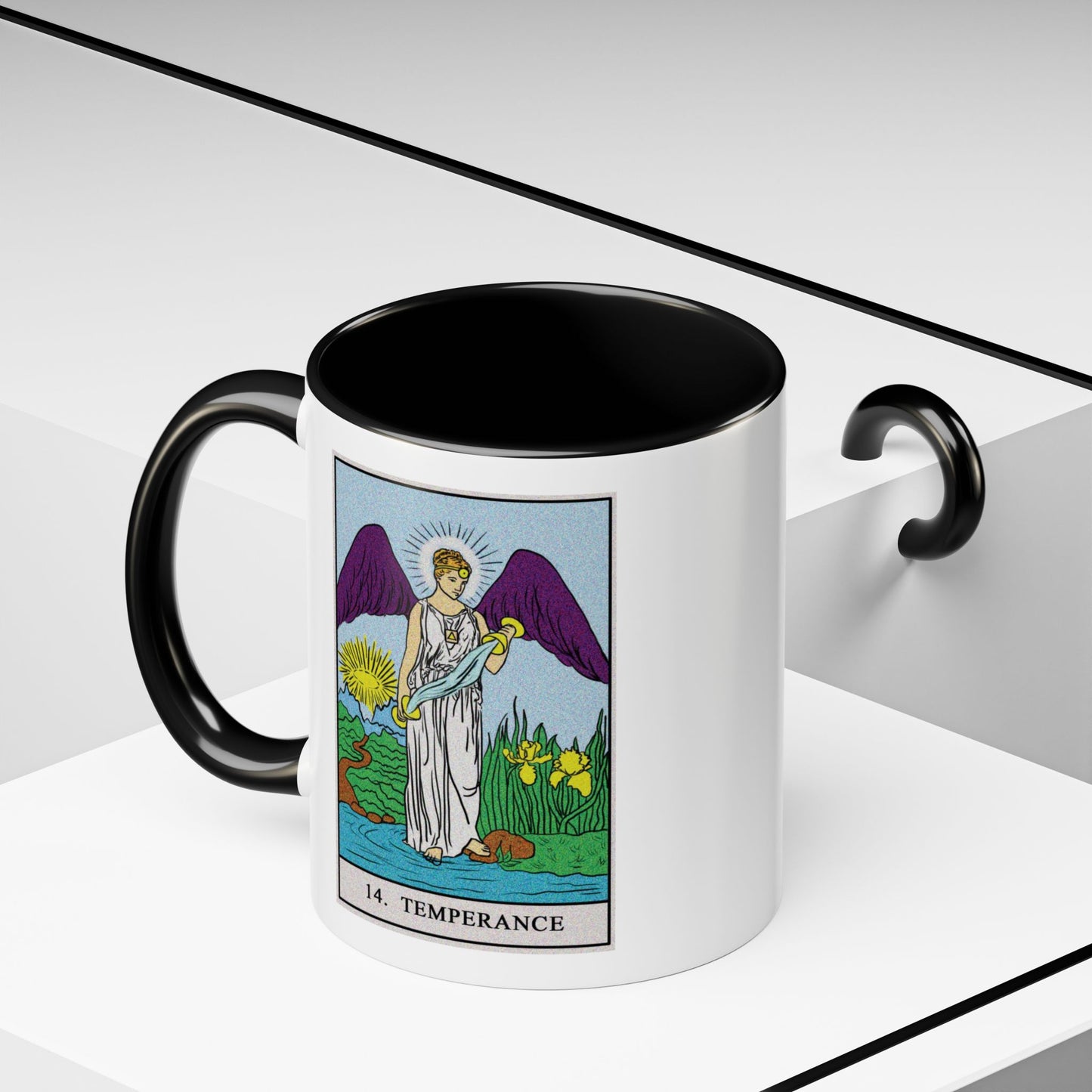 Temperance Tarot Card Coffee Mug - Double Sided Print, Black Accent White Ceramic, 11oz by TheGlassyLass.com