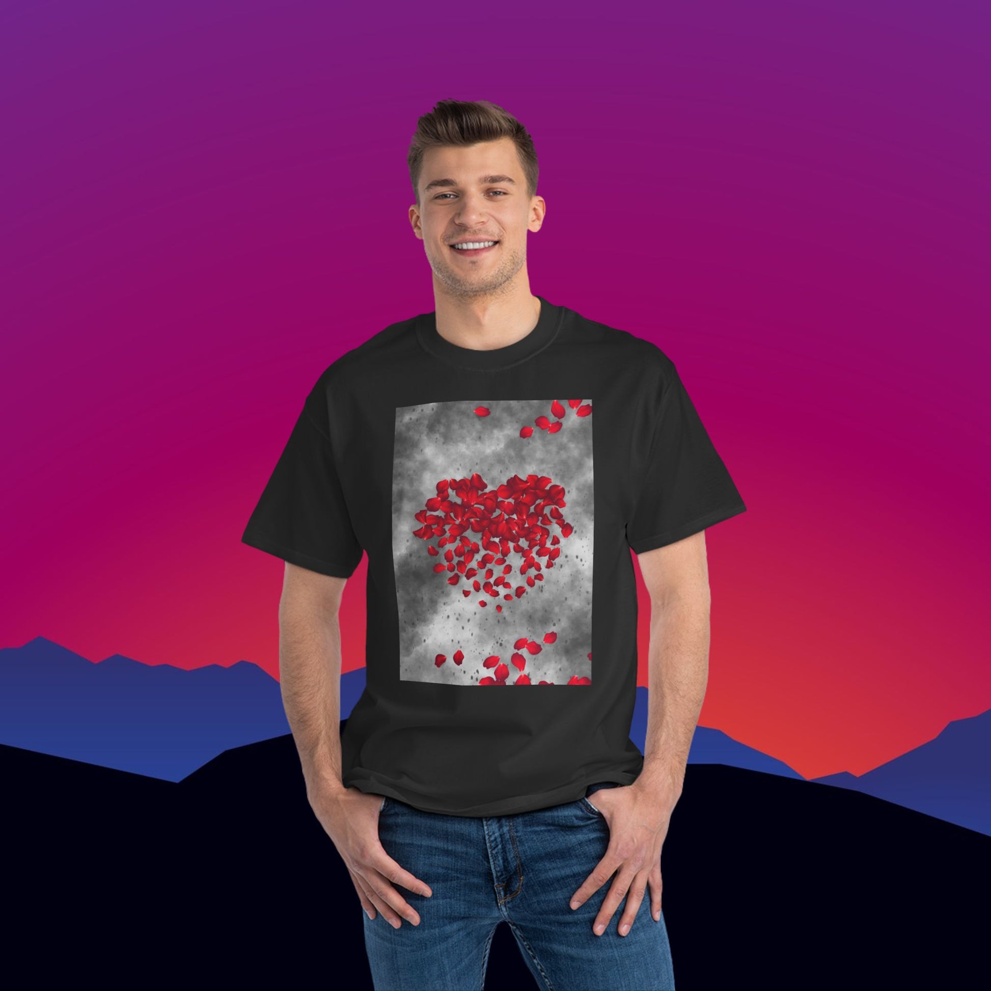 Rose Petal Heart T-Shirt: (Hanes Beefy-T 100% Preshrunk Cotton Custom Printed by TheGlassyLass.com