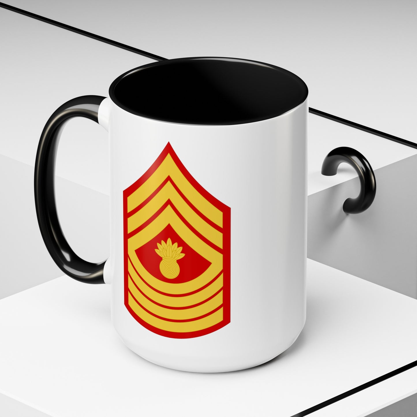 United States Marine Corps Master Gunnery Sergeant (E-9) Chevron Coffee Mug - Double Sided Black Accent White Ceramic 15oz - by TheGlassyLass.com
