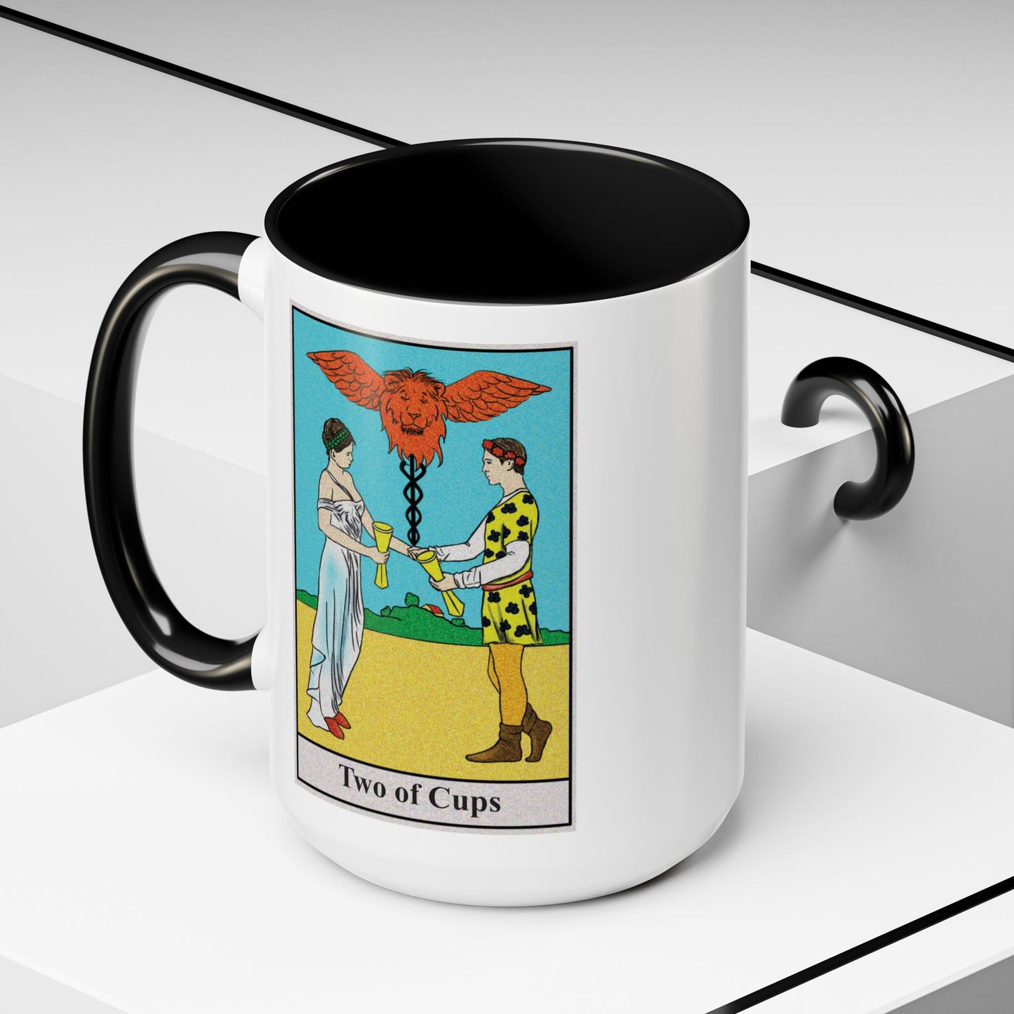 Two of Cups Tarot Card Coffee Mug - Double Sided Black Accent White Ceramic 15oz by TheGlassyLass.com