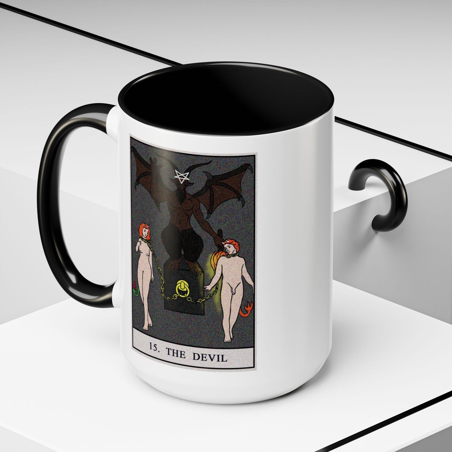 The Devil Tarot Card Coffee Mug - Double Sided Black Accent White Ceramic 15oz by TheGlassyLass.com