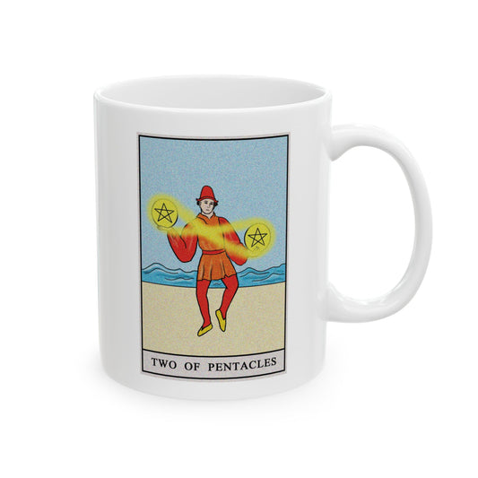 Two of Pentacles Tarot Card Coffee Mug - Double Sided Print, White Ceramic, 11oz by TheGlassyLass.com