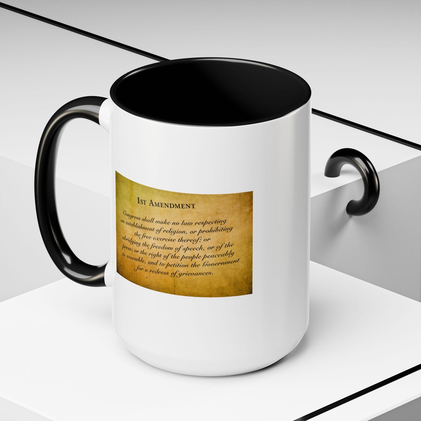 1st Amendment Coffee Mug - Double Sided Black Accent White Ceramic 15oz by TheGlassyLass.com
