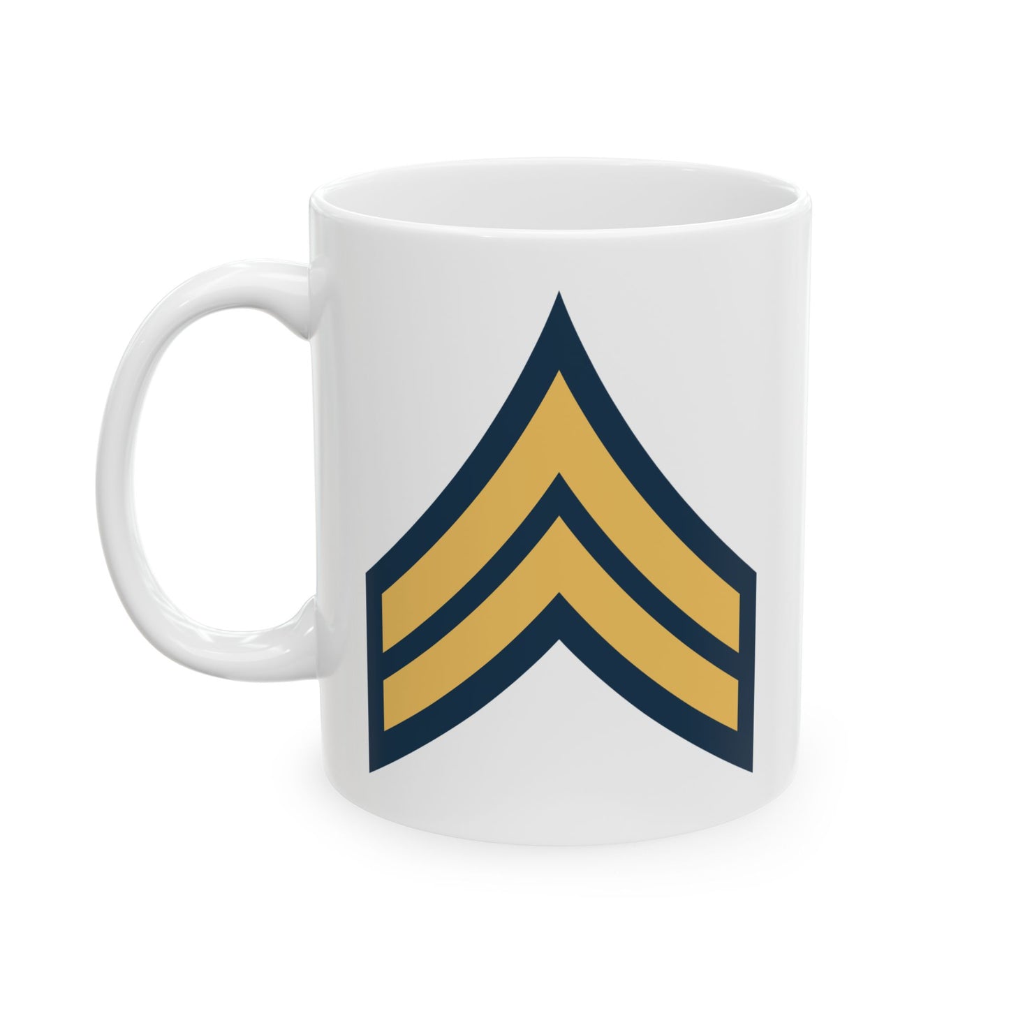 US Army Corporal (E-4) Stripes Coffee Mug - Double Sided Print, White Ceramic, 11oz by TheGlassyLass.com