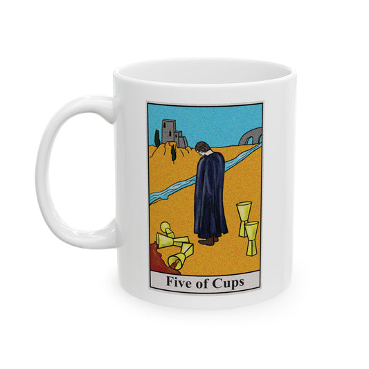 Five of Cups Tarot Card Coffee Mug - Double Sided Print, White Ceramic, 11oz by TheGlassyLass.com