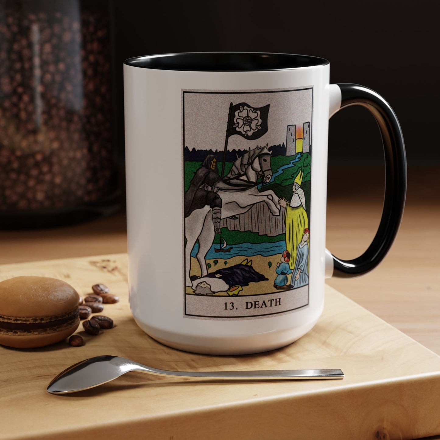 Death Tarot Card Coffee Mug - Double Sided Black Accent White Ceramic 15oz by TheGlassyLass.com