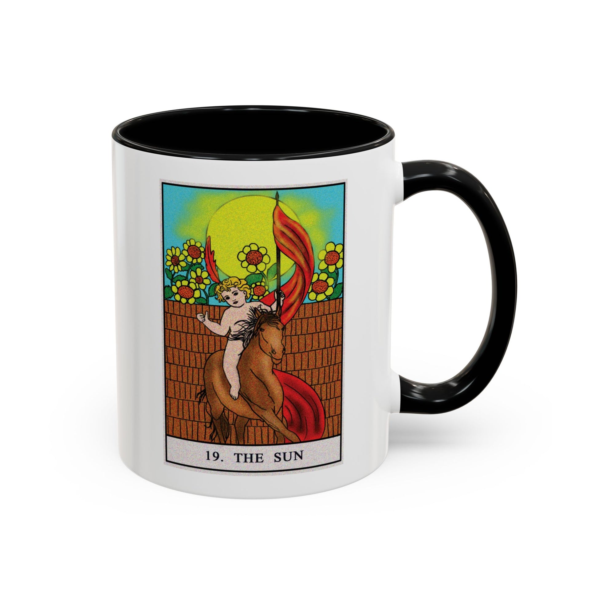 The Sun Tarot Card Coffee Mug - Double Sided Print, Black Accent White Ceramic, 11oz by TheGlassyLass.com