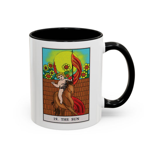 The Sun Tarot Card Coffee Mug - Double Sided Print, Black Accent White Ceramic, 11oz by TheGlassyLass.com