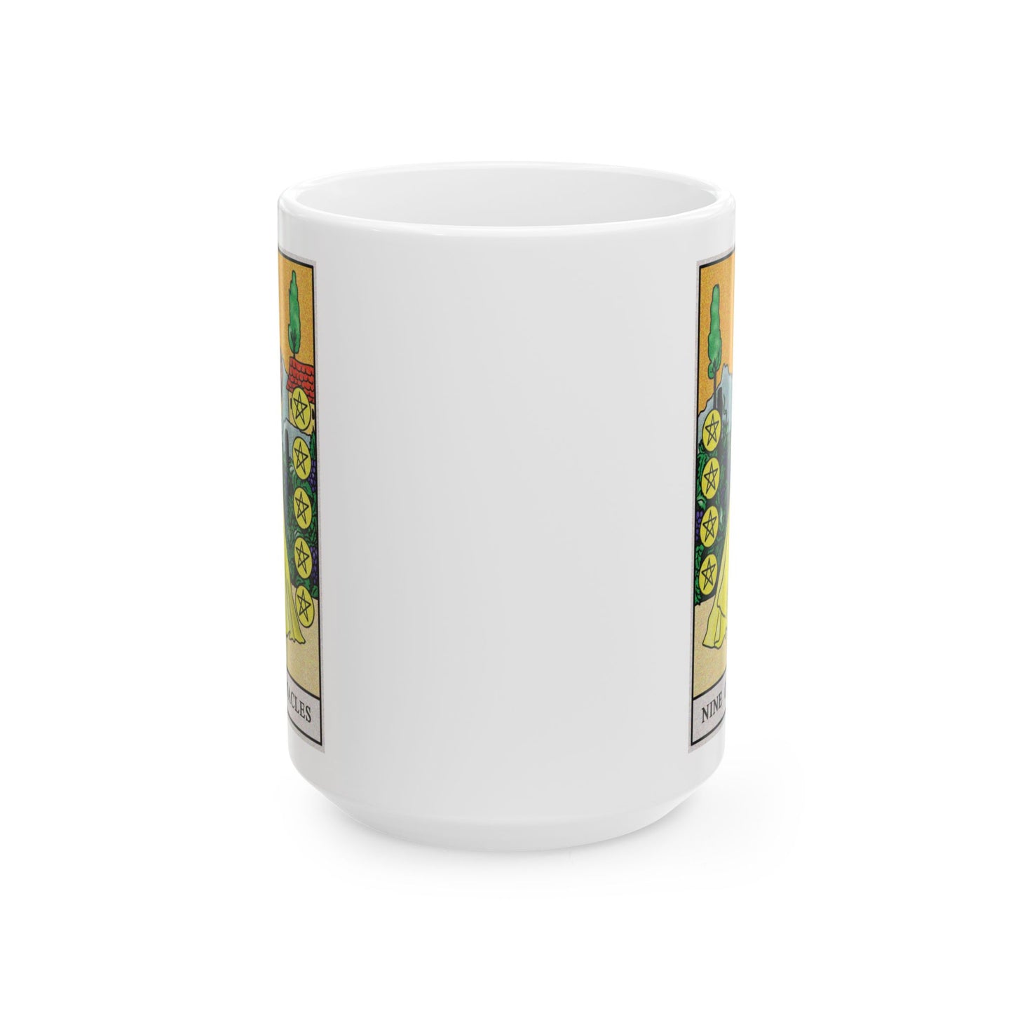 Nine of Pentacles Tarot Card Coffee Mug - Double Sided White Ceramic 15oz by TheGlassyLass.com