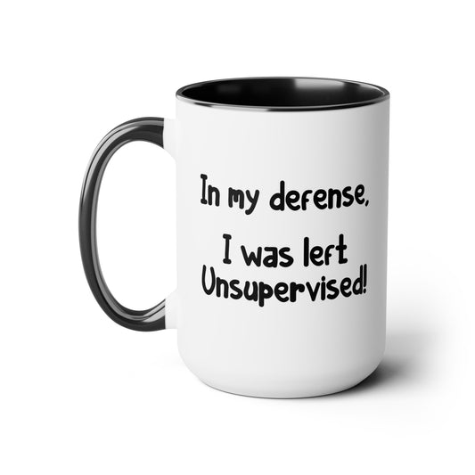 In My Defense - Double Sided Black Accent White Ceramic Coffee Mug 15oz by TheGlassyLass.com