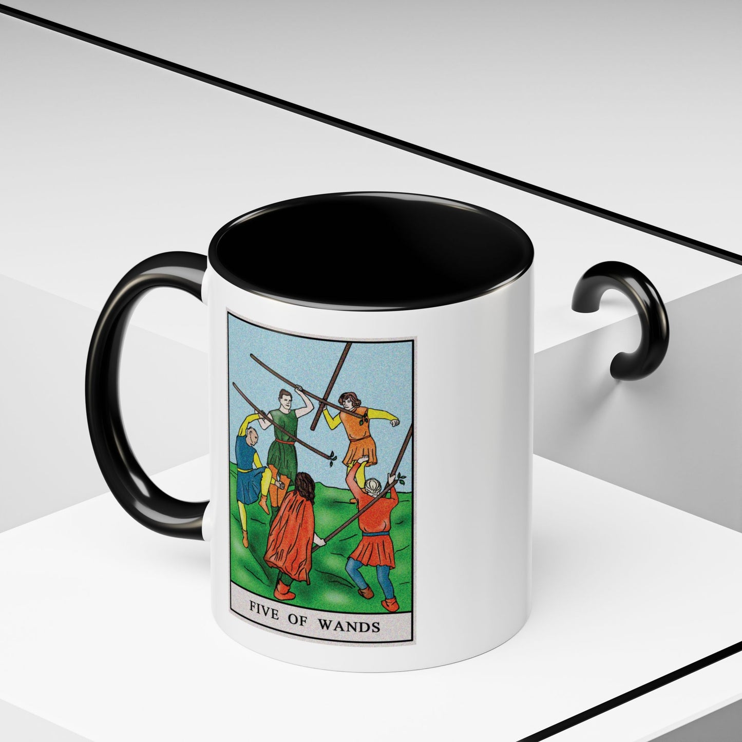 Five of Wands Tarot Card Coffee Mug - Double Sided Print, Black Accent White Ceramic, 11oz by TheGlassyLass.com