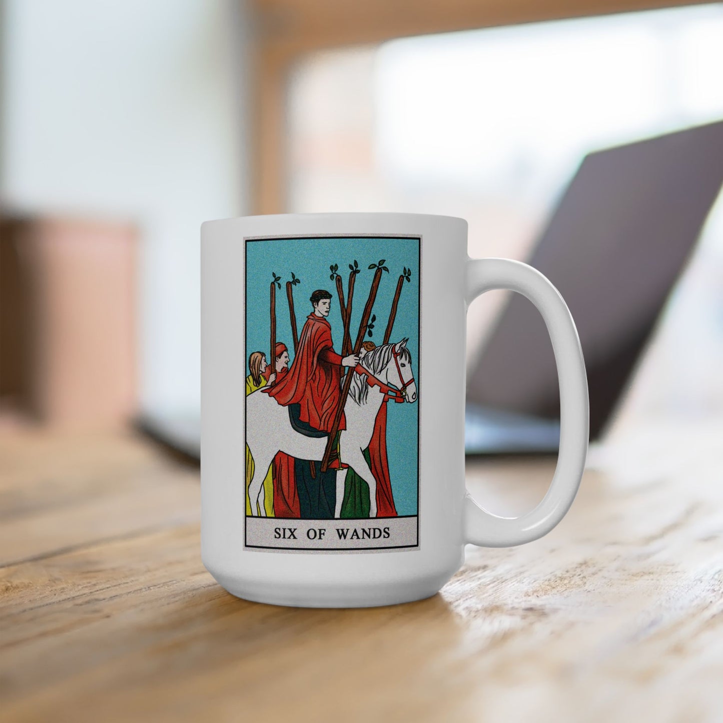 Six of Wands Tarot Card Coffee Mug - Double Sided White Ceramic 15oz by TheGlassyLass.com