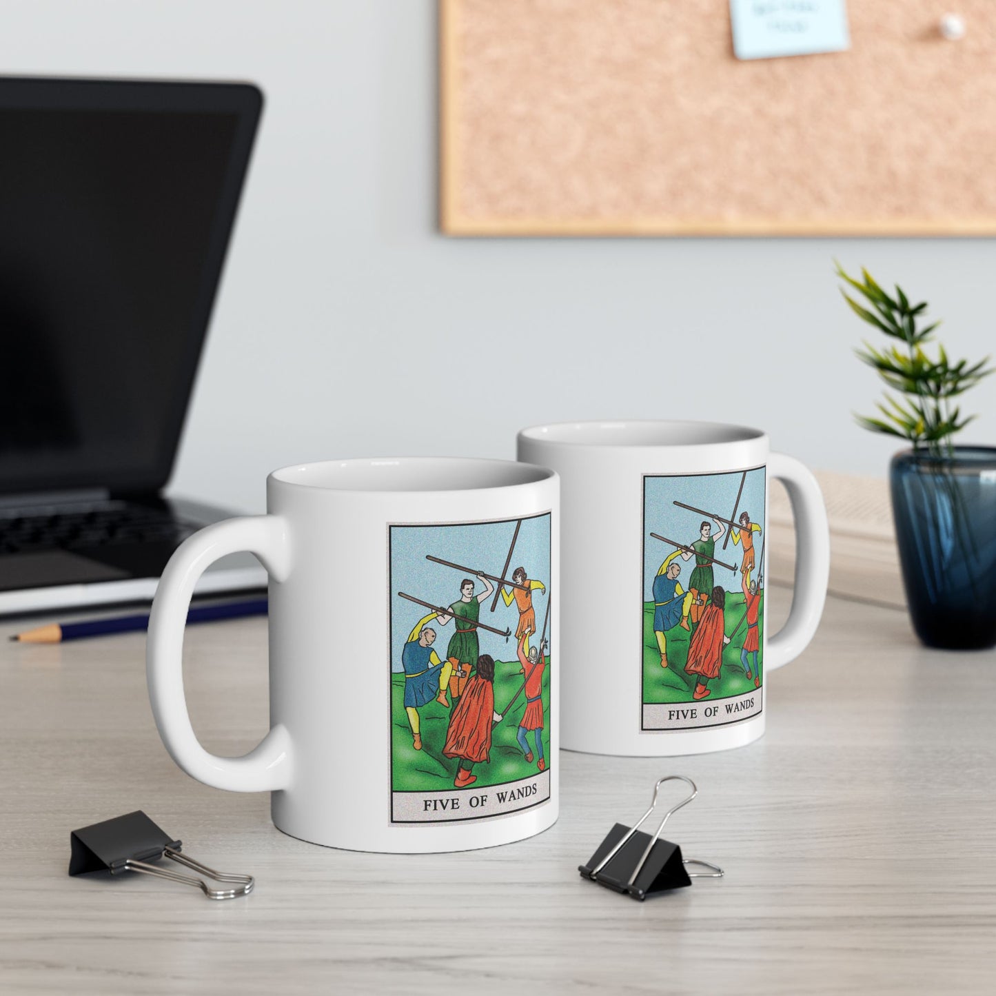 Five of Wands of Wands Tarot Card Coffee Mug - Double Sided Print, White Ceramic, 11oz by TheGlassyLass.com