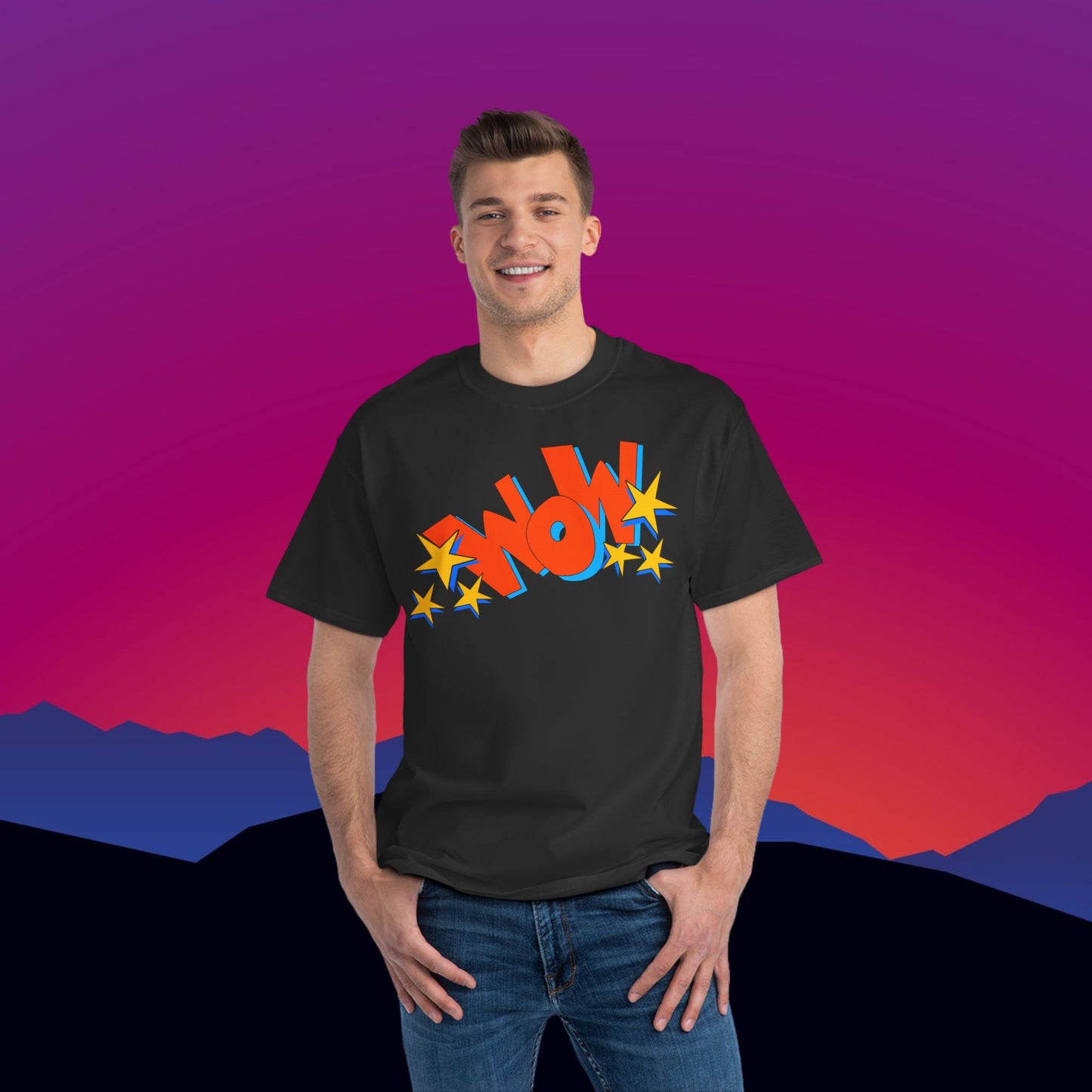 Superhero WOW T-Shirt: (Hanes Beefy-T 100% Preshrunk Cotton) Custom Printed by TheGlassyLass.com