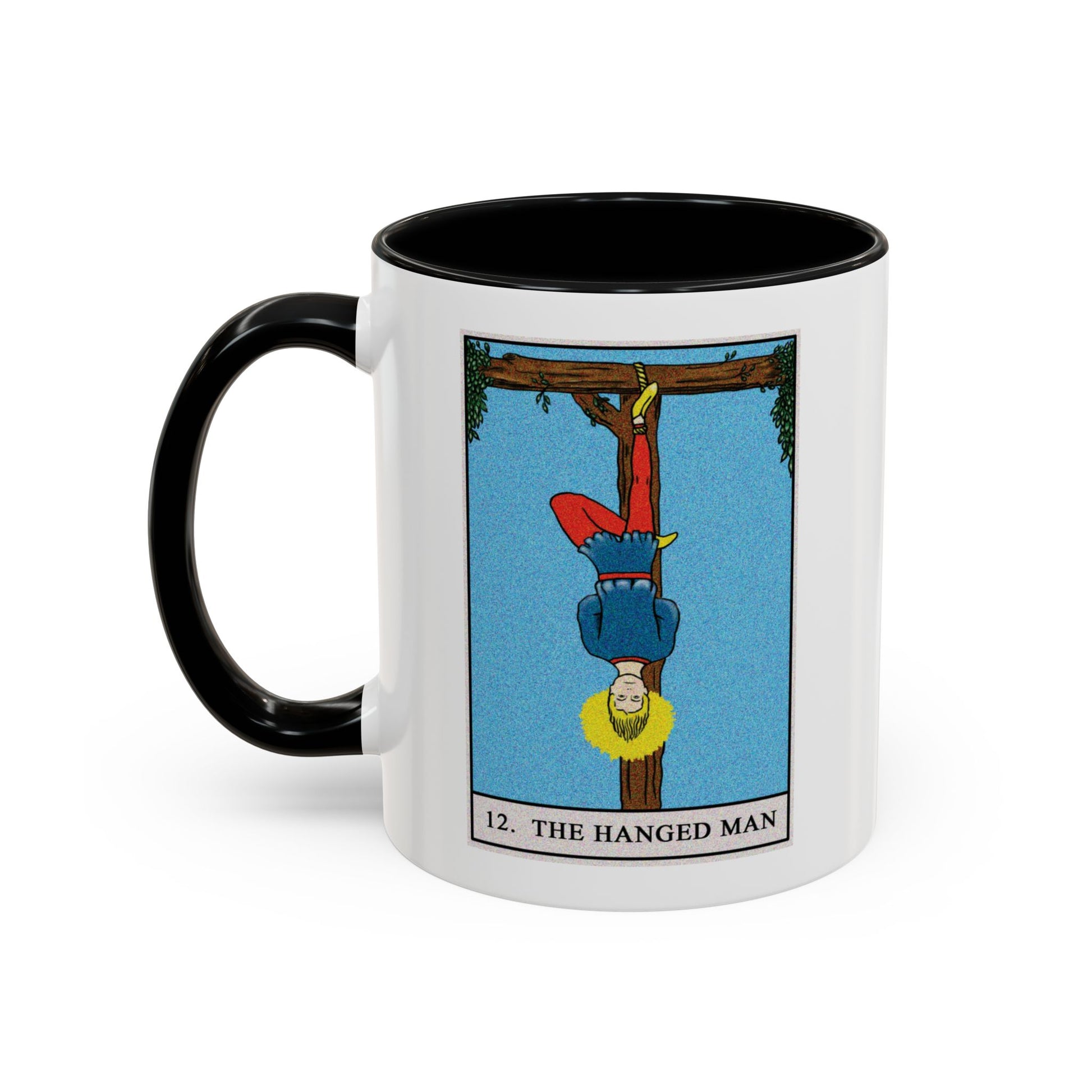 The Hanged Man Tarot Card Coffee Mug - Double Sided Print, Black Accent White Ceramic, 11oz by TheGlassyLass.com