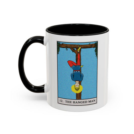 The Hanged Man Tarot Card Coffee Mug - Double Sided Print, Black Accent White Ceramic, 11oz by TheGlassyLass.com