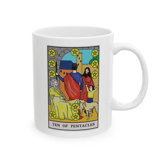 Ten of Pentacles Tarot Card Coffee Mug - Double Sided Print, White Ceramic, 11oz by TheGlassyLass.com