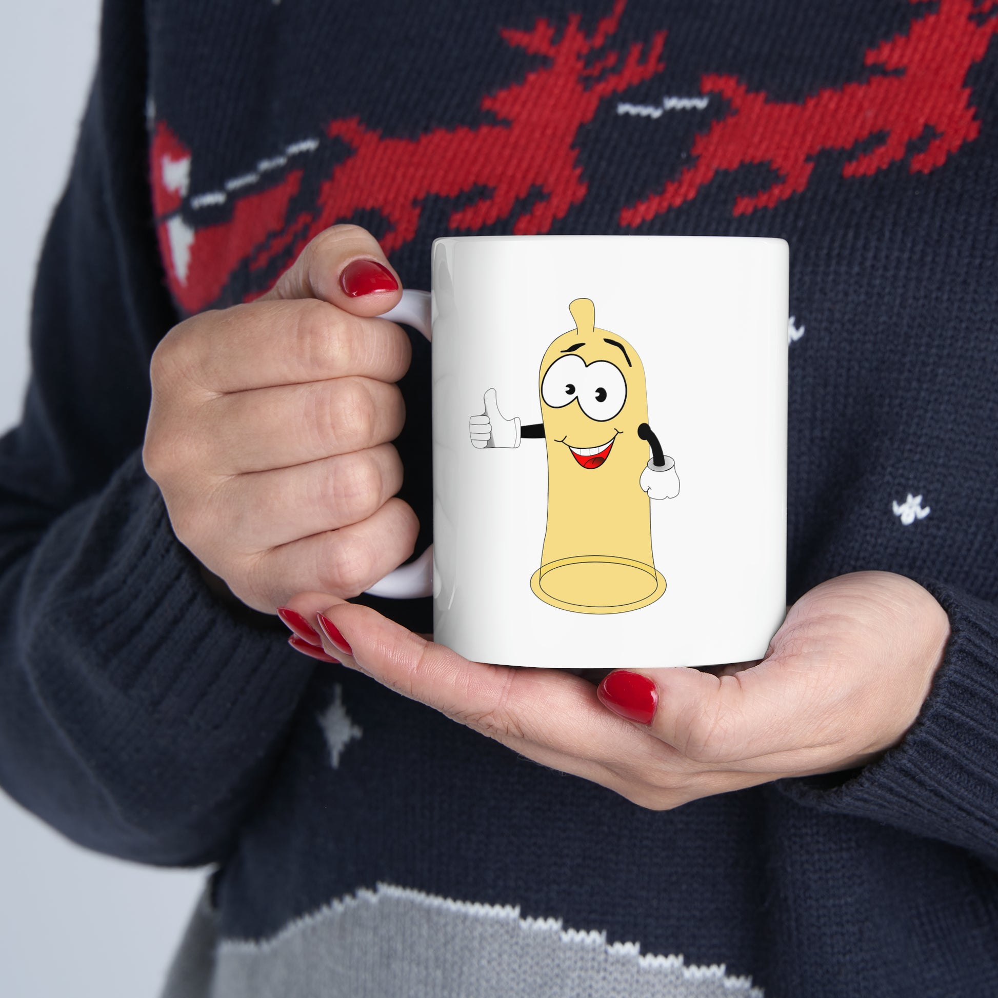 Condom Man Coffee Mug - Double Sided White Ceramic 11oz by TheGlassyLass.com