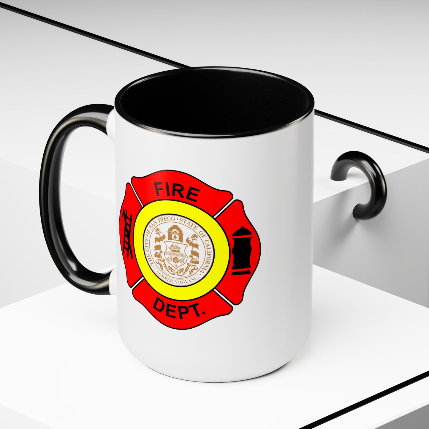 San Diego Fire Department Coffee Mug - Double Sided Black Accent White Ceramic 15oz by TheGlassyLass.com