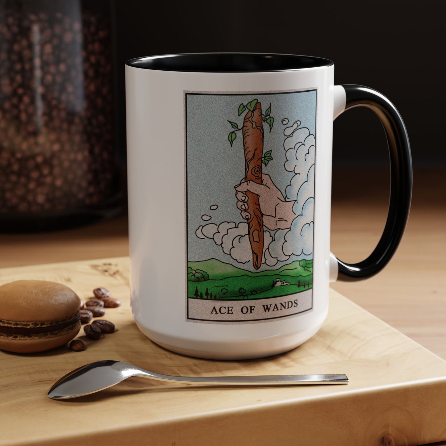 Ace of Wands Tarot Card Coffee Mug - Double Sided Black Accent White Ceramic 15oz by TheGlassyLass.com