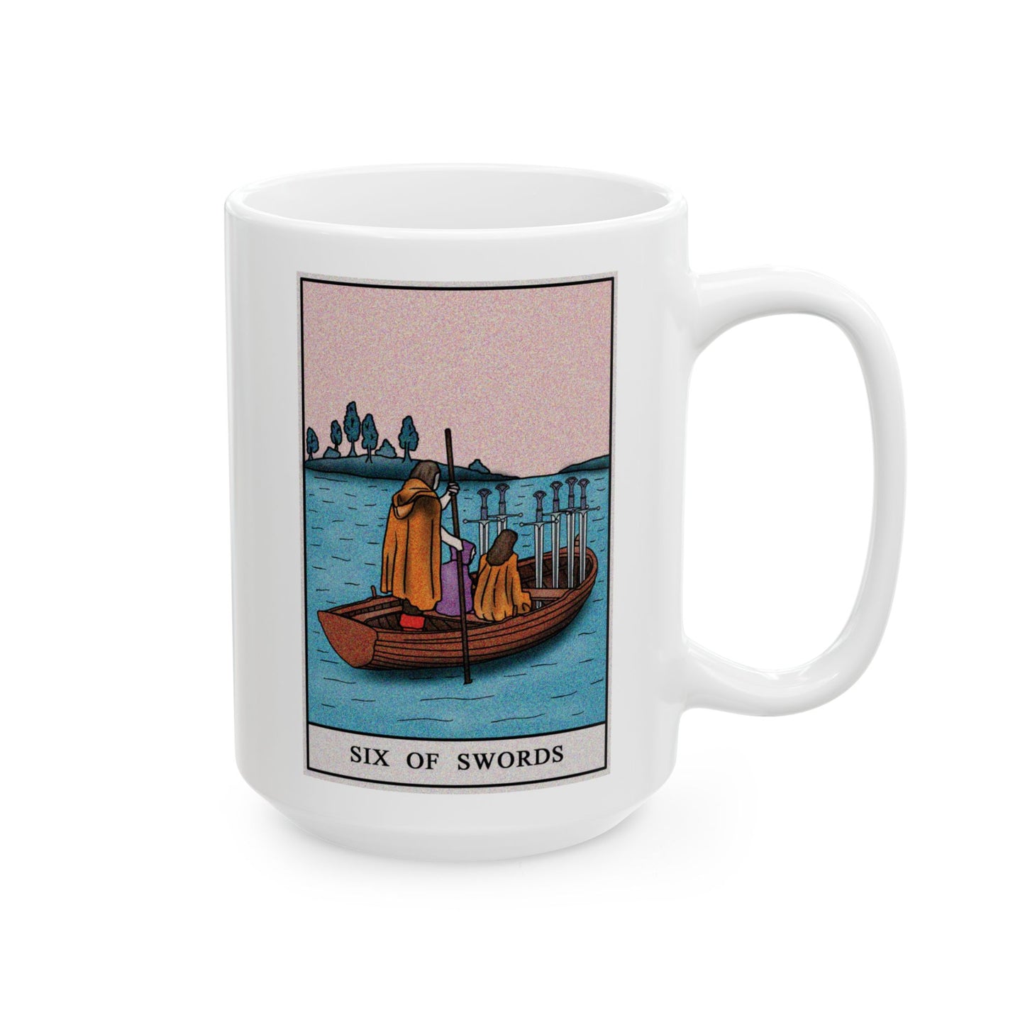 Six of Swords Tarot Card Coffee Mug - Double Sided White Ceramic 15oz by TheGlassyLass