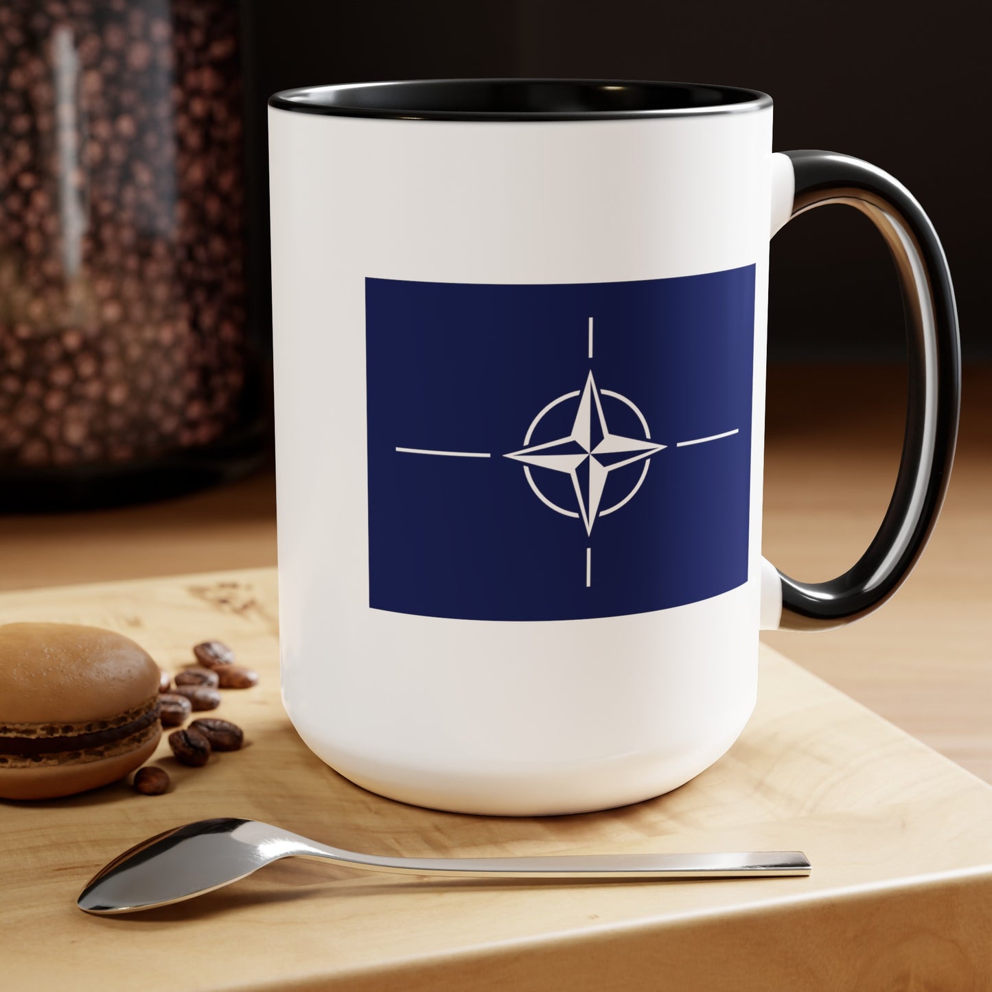 NATO Coffee Mug - Double Sided Black Accent White Ceramic 15oz by TheGlassyLass.com
