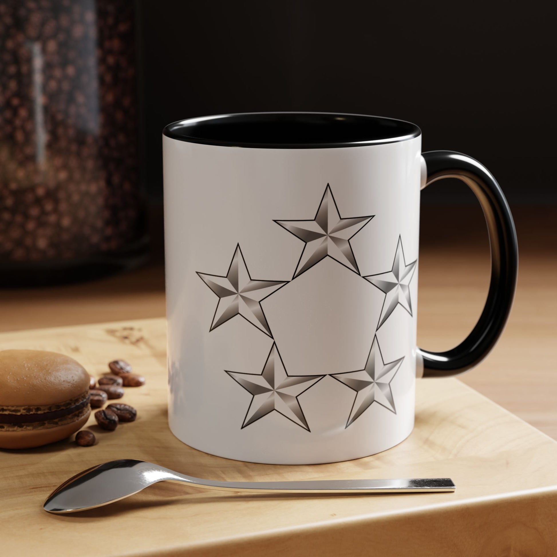 5 Star General Rank Insignia Coffee Mug - Double Sided Black Accent White Ceramic 11oz by TheGlassyLass.com