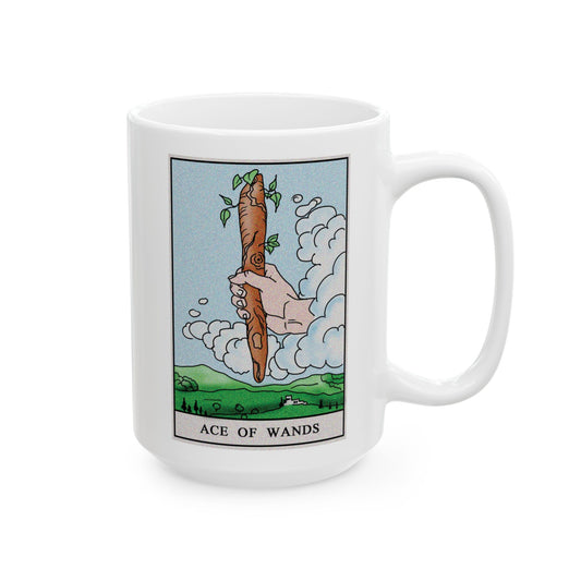 Ace of Wands Tarot Card Coffee Mug - Double Sided White Ceramic 15oz by TheGlassyLass.com