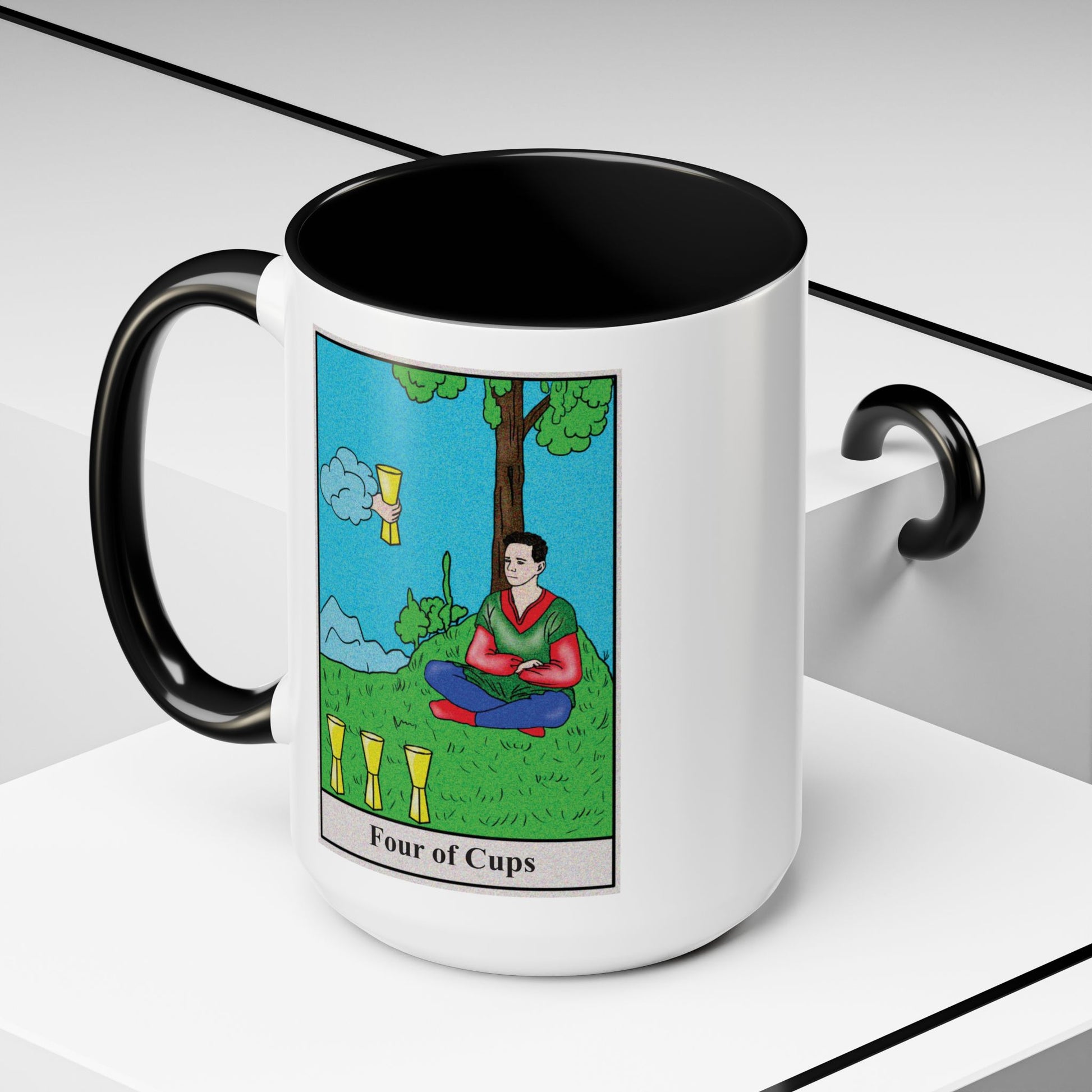 Four of Cups Tarot Card Coffee Mug - Double Sided Black Accent White Ceramic 15oz by TheGlassyLass.com