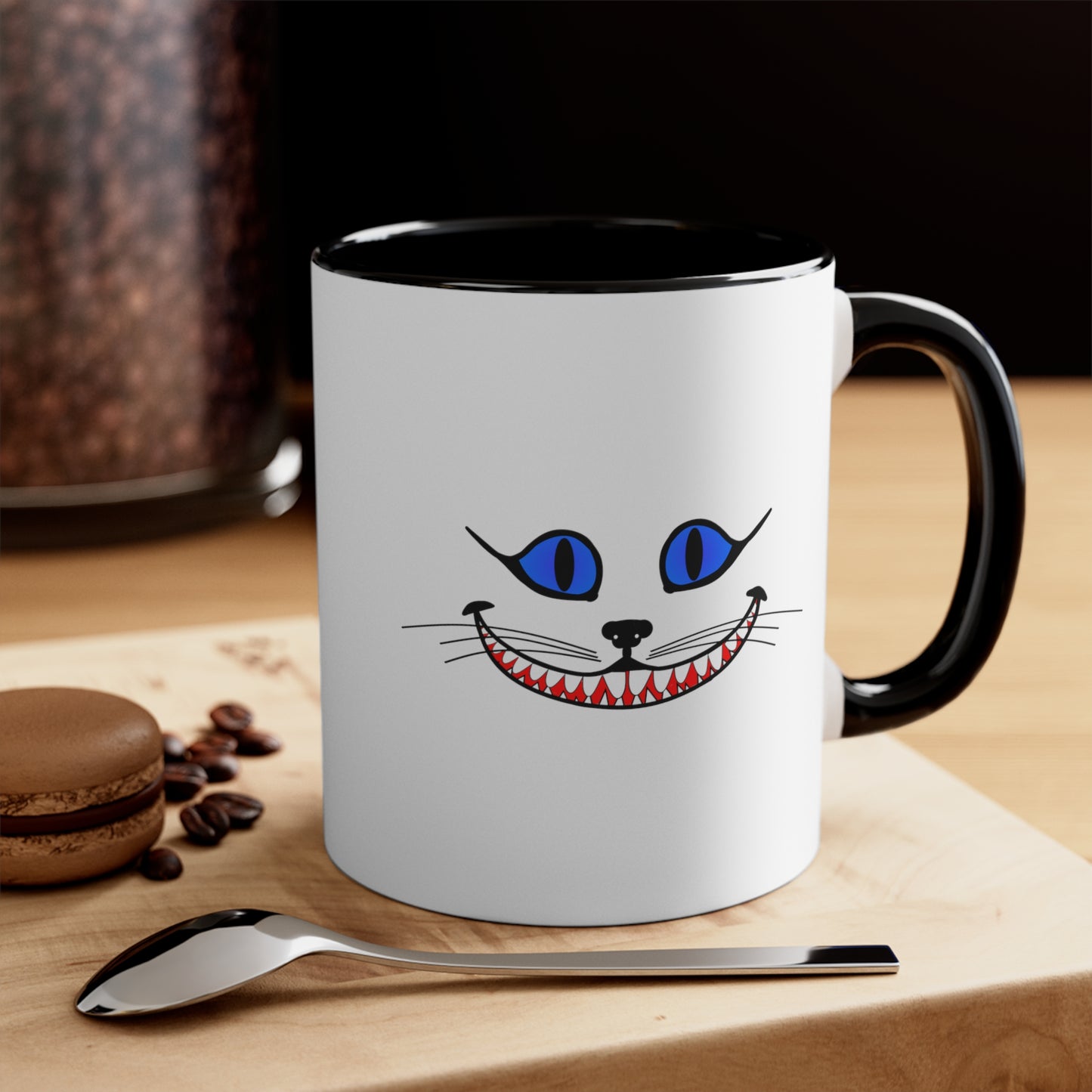 Cheshire Cat Coffee Mug - Double Sided Black Accent White Ceramic 11oz by TheGlassyLass.com