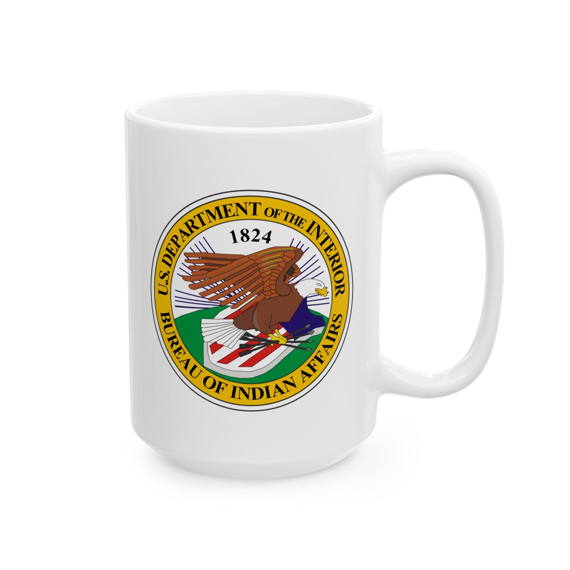 Bureau of Indian Affairs Seal Coffee Mug - Double Sided Print, White Ceramic, 15oz by TheGlassyLass.com