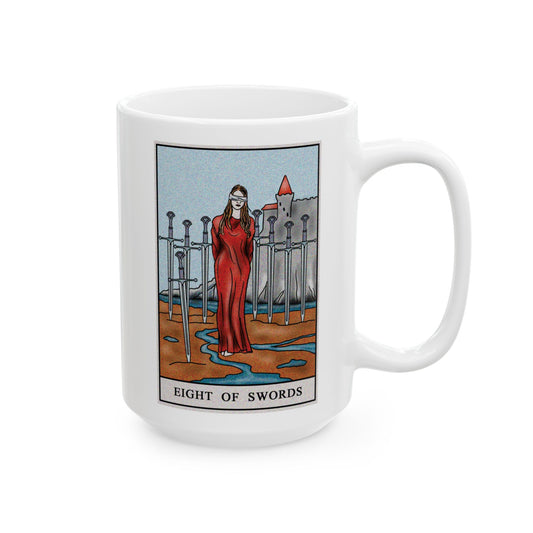 Eight of Swords Tarot Card Coffee Mug - Double Sided White Ceramic 15oz by TheGlassyLass.com