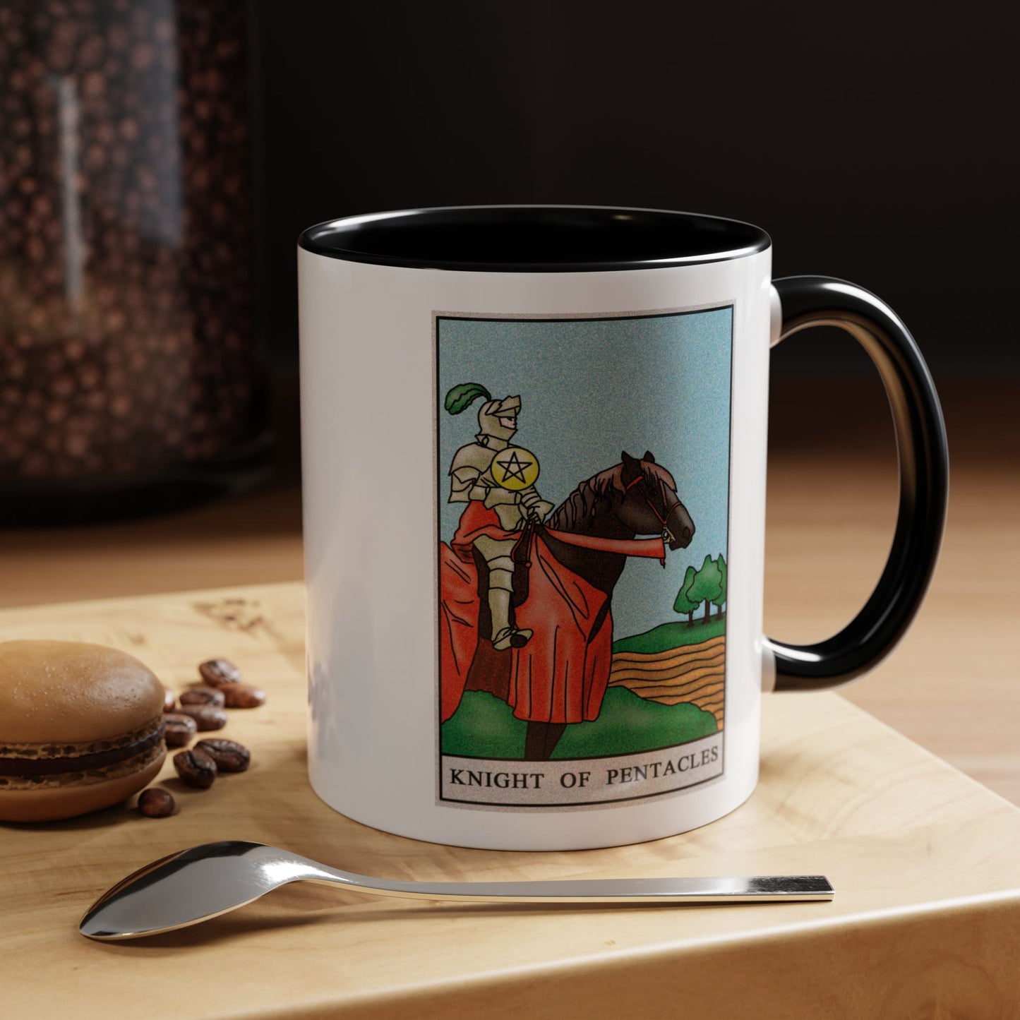 Knight of Pentacles Tarot Card Coffee Mug - Double Sided Print, Black Accent White Ceramic, 11oz by TheGlassyLass.com