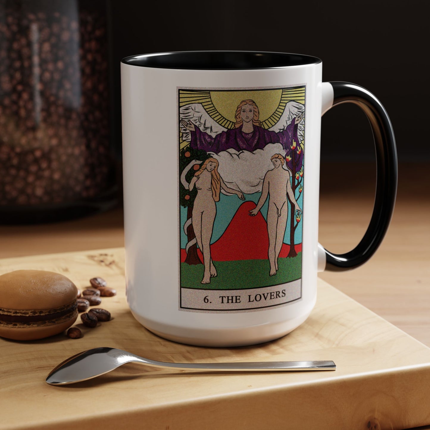 The Lovers Tarot Card Coffee Mug - Double Sided Black Accent White Ceramic 15oz by TheGlassyLass.com