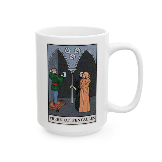 Three of Pentacles Tarot Card Coffee Mug - Double Sided White Ceramic 15oz by TheGlassyLass.com