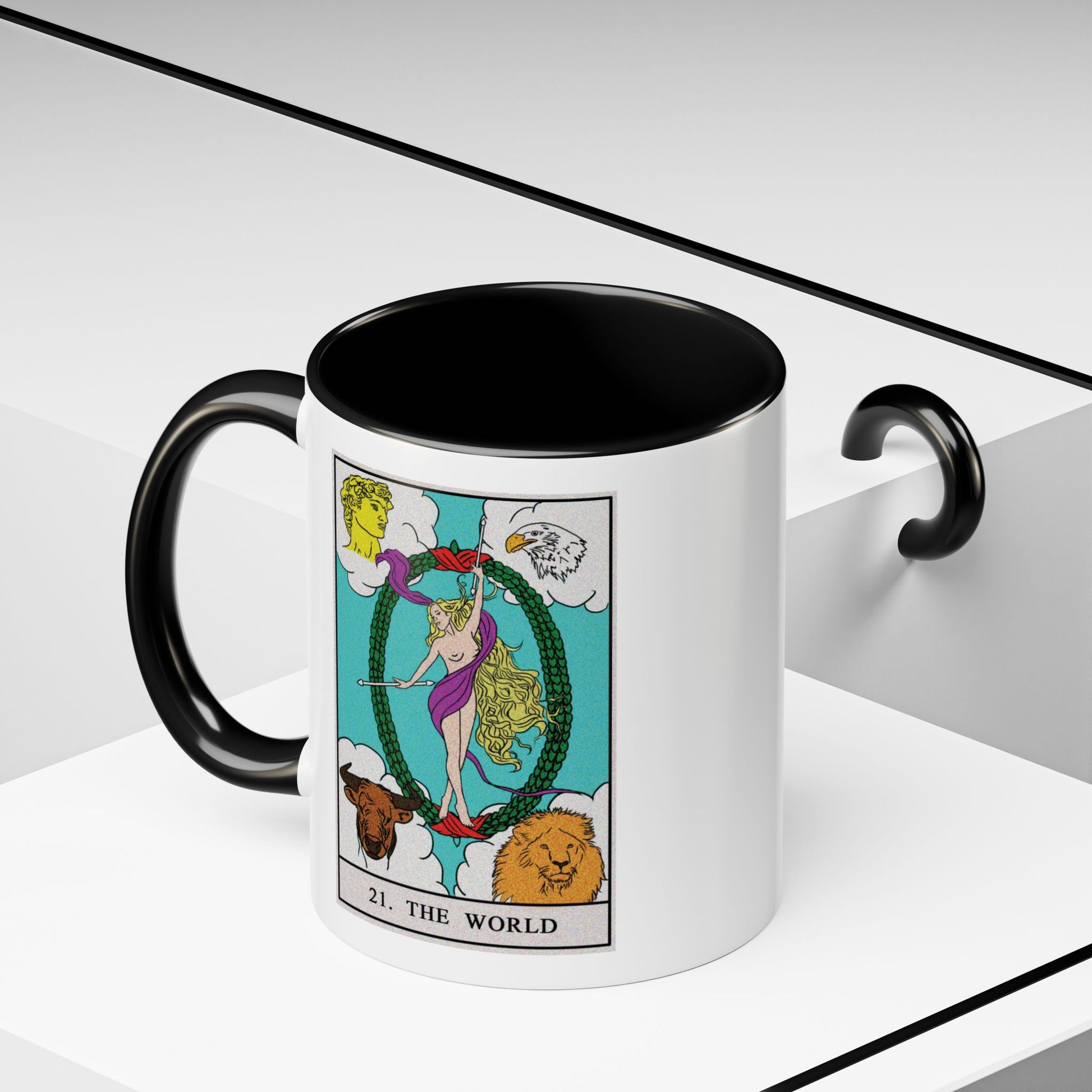 The World Tarot Card Coffee Mug - Double Sided Print, Black Accent White Ceramic, 11oz by TheGlassyLass.com